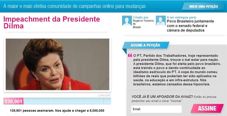 'A presidente Dilma, que foi eleita pelo povo brasileiro, está traindo o povo e dando continuidade ao idealismo esdrúxulo do PT', diz a petição