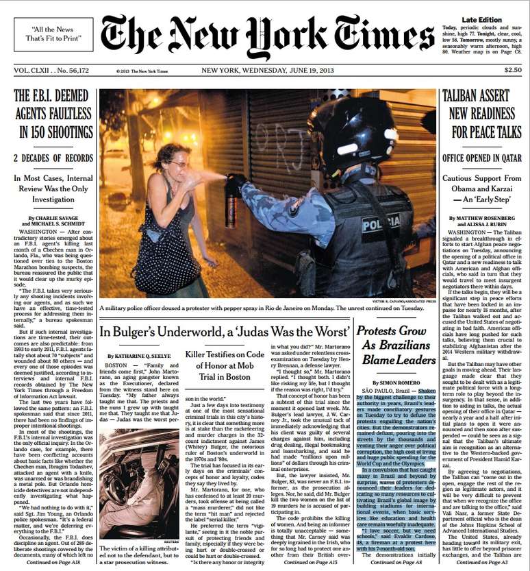 Capa do jornal New York Times destaca os protestos no Brasil