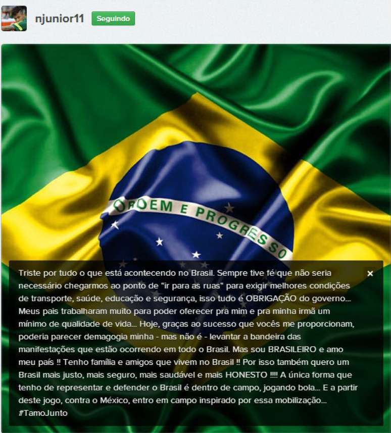 <p> "A única forma que tenho de representar e defender o Brasil é dentro de campo, jogando bola", escreveu Neymar no Instagram</p>