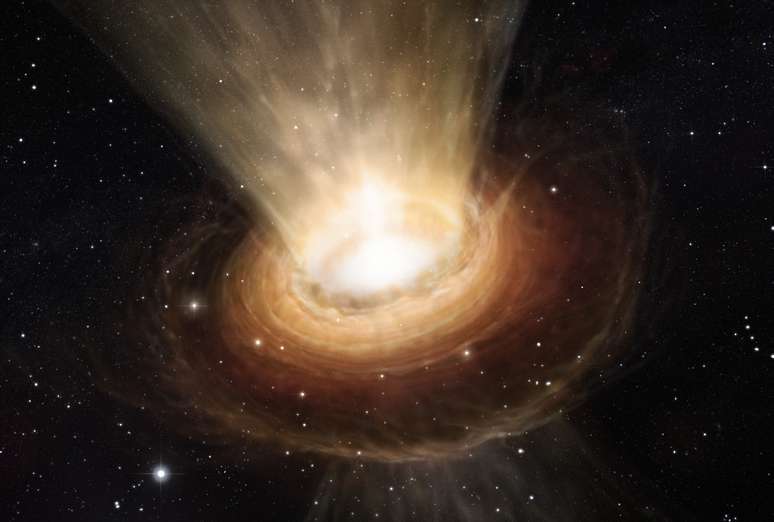 Concepção artística mostra os arredores do buraco negro de elevada massa que se encontra no coração da galáxia ativa NGC 3783, situada na constelação austral do Centauro