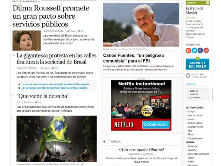Os sites dos principais veículos de comunicação do mundo, como o espanhol 'El País', repercutiram com destaque em suas capas o discurso nacional da presidente Dilma Rousseff após série de protestos e atos de violência pelo Brasil; confira a repercussão internacional
