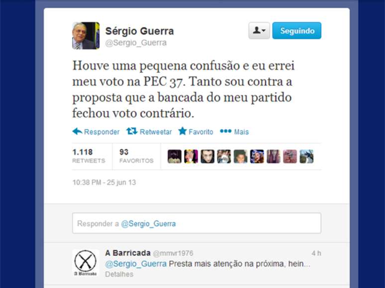 Em sua conta no Twitter, o ex-presidente nacional do PSDB afirmou: houve uma pequena confusão e eu errei meu voto na PEC 37. Tanto sou contra a proposta que a bancada do meu partido fechou voto contrário