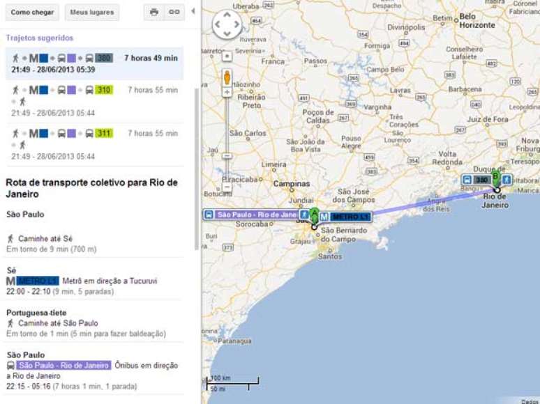 Sistema calcula rota e inclui opções de transporte público entre cidades