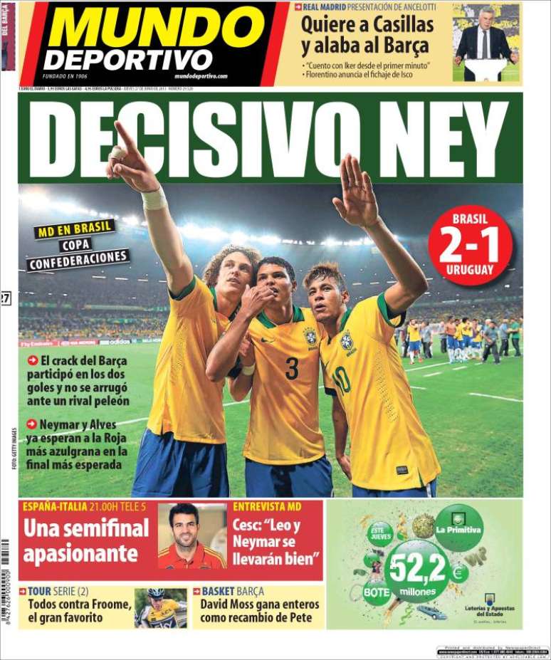 <p>Com de costume nos últimos dias, os jornais da Catalunha destacaram a atuação de Neymar, novo reforço do Barcelona. Na capa do Mundo Deportivo, o atacante é chamado de ''decisivo'': ''o craque do Barça participou dos dois gols e não se intimidou diante de um rival valente''</p>