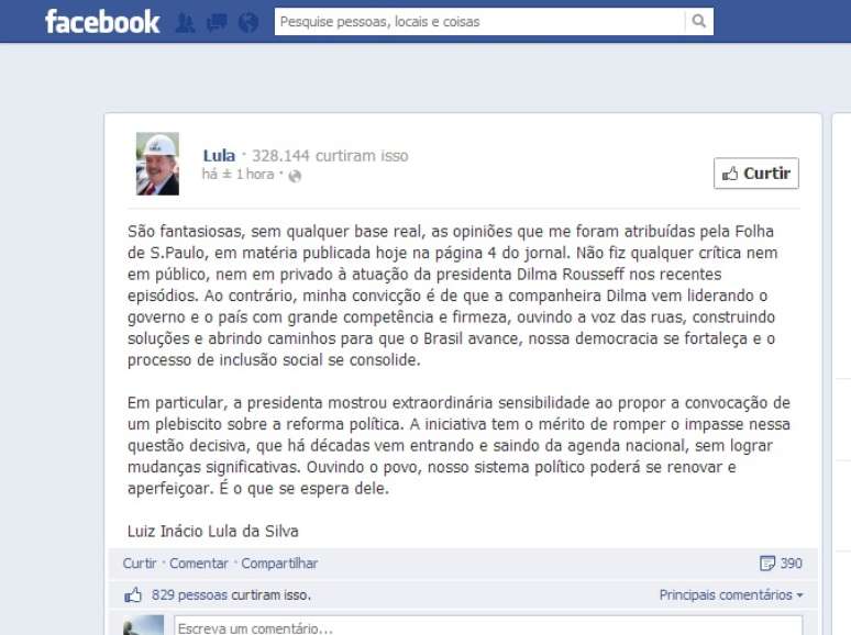 Lula usou a sua página no Facebook para negar que tenha criticado Dilma