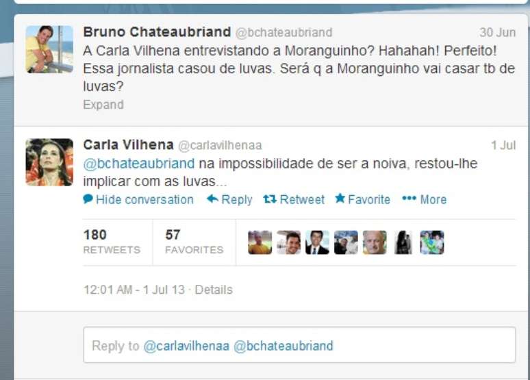 <p>Bruno Chateubriand fez comentário sobre Carla Vilhena, que respondeu e causou polêmica no Twitter</p>