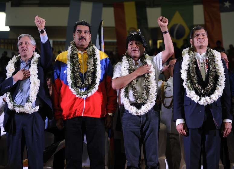 Vice-presidente da Bolívia Alvaro García, Nicolás Maduro, Evo Morales e Rafael Correa