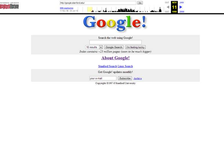 Wayback Machinie do Internet Archive permite ver layouts antigos de sites, como o do Google em 1998