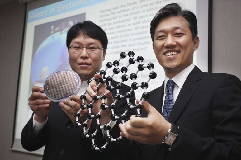 Dois pesquisadores da Samsung Electronics Co., o maior fabricante mundial de chips de memória para dispositivos de informática, apresentam a estrutura de um novo transístor fabricado com grafeno