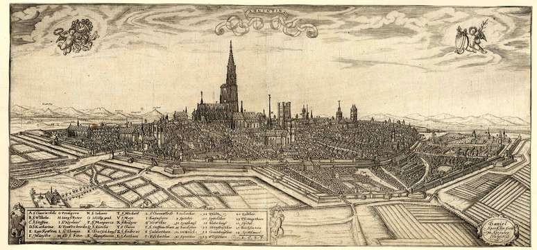 <p>Gravura de 1587 mostra a cidade de Estrasburgo, que no período romano foi chamada de Argentoratum </p>