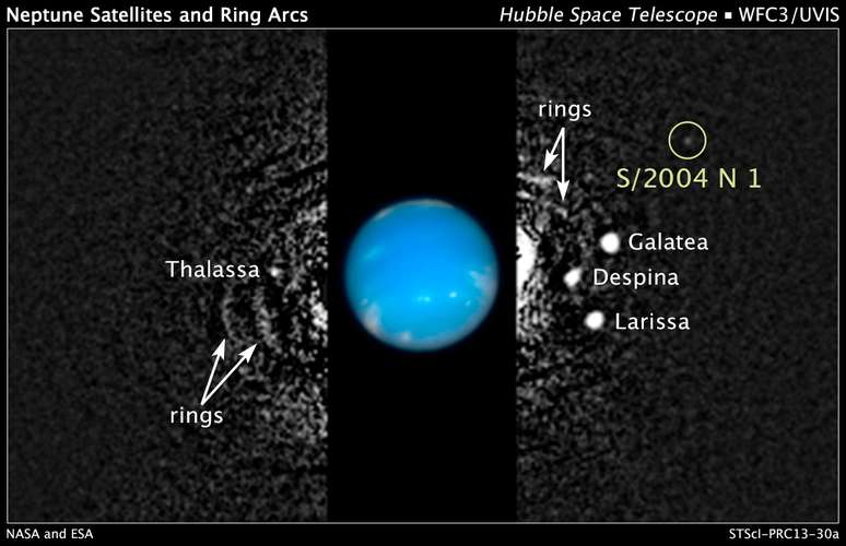 Imagem obtida pelo telescópio Hubble mostra a localização da lua S/2004 N 1, na órbita de Netuno, a cerca de 4,8 bilhões de quilômetros da Terra