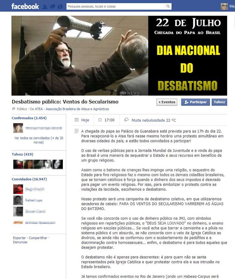 Evento no Facebook convoca ateus para um "desbatismo" público em várias cidades