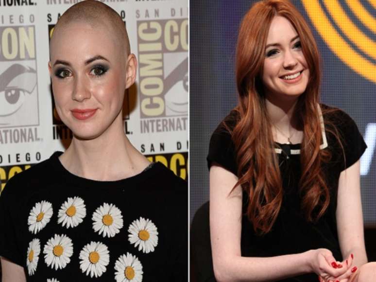 Karen Gillan antes e depois da mudan&ccedil;a radical no visual