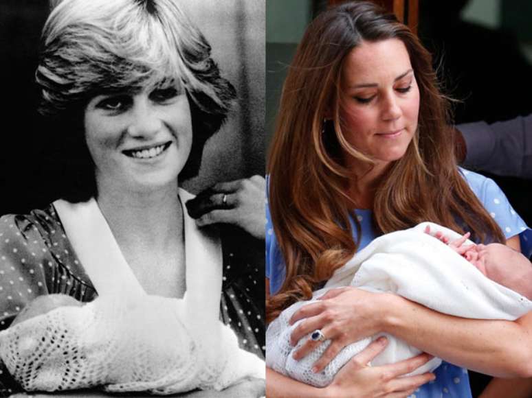 À esquerda, Diana com o pequeno William nos braço; à direita, Kate com o filho recém-nascido