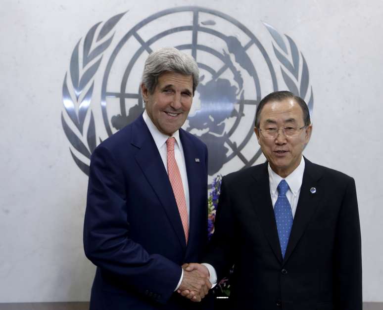 Ban Ki-moon se encontra com o chanceler americano, John Kerry, na sede da ONU em Nova York