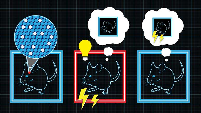 <p>Ilustração explica como cientistas conseguiram implantar memórias falsas no cérebro de ratos. O primeiro passo é colocar o animal em um ambiente (a caixa azul, na imagem) e estimular neurônios associados ao reconhecimento dali. Então o rato é colocado em outro ambiente (quadrado vermelho) e as mesmas células são estimuladas. Enquanto pensava na caixa azul, o rato recebia choques e, quando realmente voltou para o local inicial, mostrava sinais de medo, associando o ambiente seguro aos choques em uma memória falsa</p>