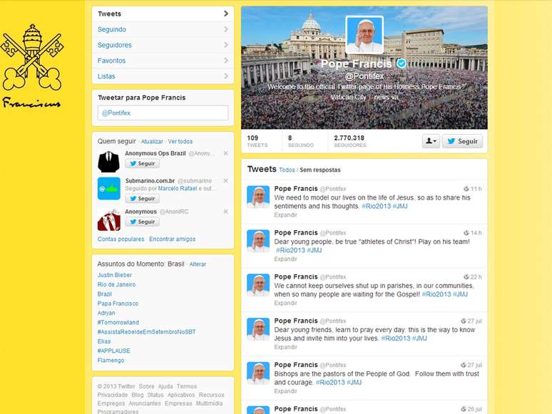 Pontífice tem 2,77 milhões de seguidores na rede social de 140 caracteres