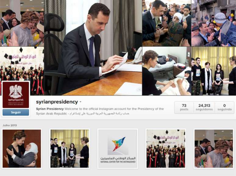 A conta da Presidência da Síria mostra fotografias de Assad e de sua esposa, Asma al Assad, em eventos com cidadãos, feridos em hospitais ou em encontros com simpatizantes