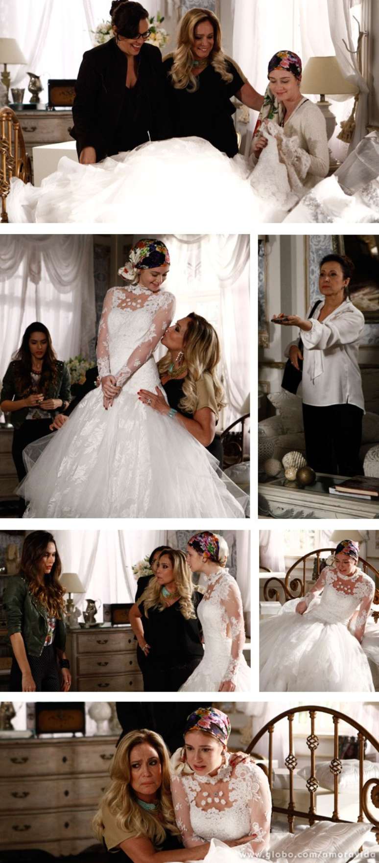 Nicole (Marina Ruy Barbosa) está fazendo a prova de seu vestido de noiva quando é surpreendida por Lídia (Angela Rebello)