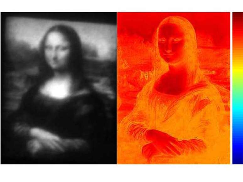 Mona Lisa foi pintada pixel e pixel em tela menor que um fio de cabelo. Imagem à direita mostra os níveis de calor usados na pintura