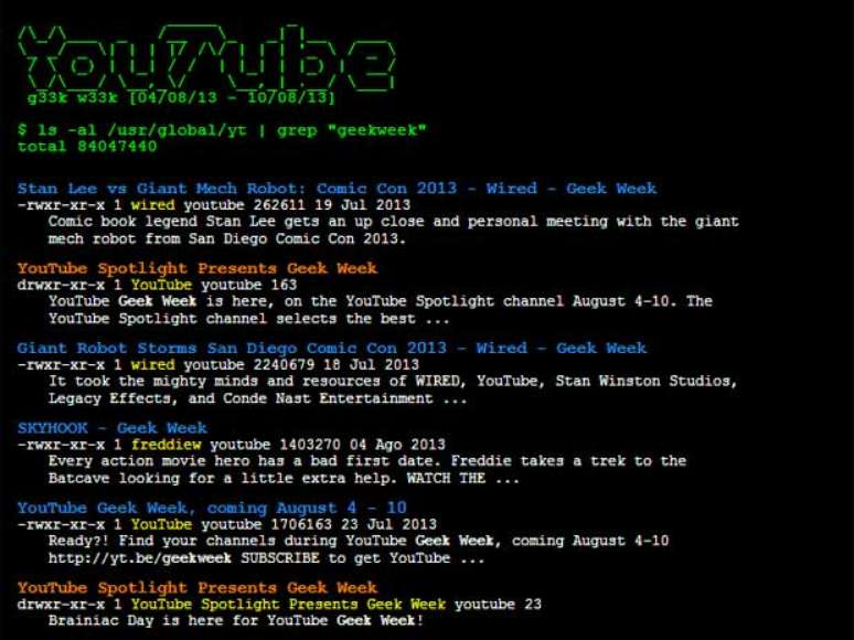 Ao digitar o c&oacute;digo / geekweek na caixa de busca do YouTube, o site tem seu design transformado, e os usu&aacute;rios passam a ver a p&aacute;gina como os antigos BBSs, em vers&atilde;o ASCII