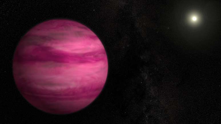 <p>De cor rosa, o exoplaneta GJ 504b tem uma temperatura de cerca 237 °C e pesa 4 vezes a massa de Júpiter</p>