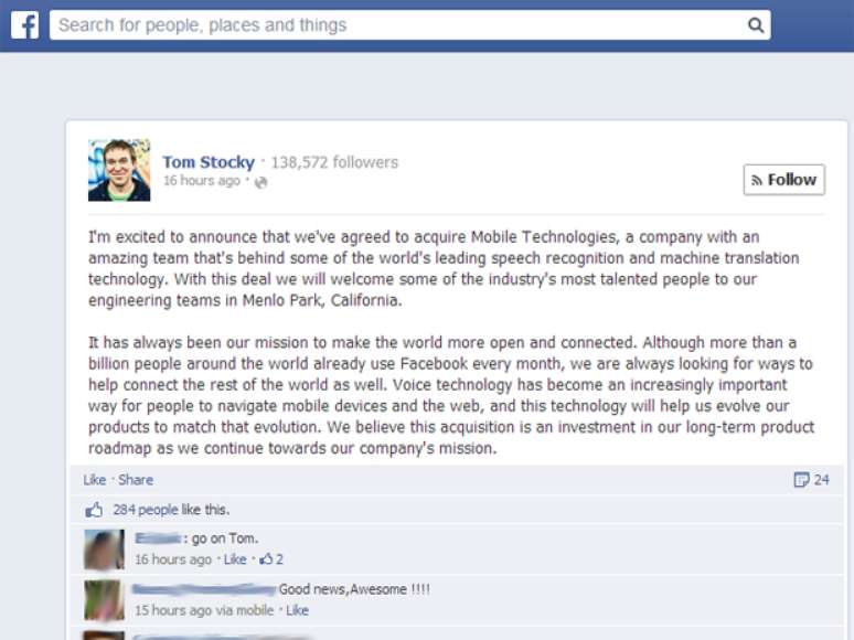 Tom Stocky, diretor de Gestão de Produtos do Facebook, anunciou aquisição em post na rede social