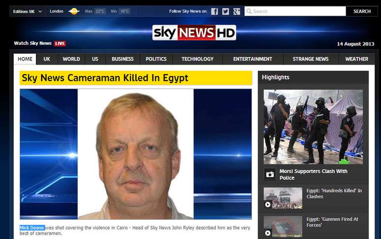 <P>Imagem mostra reprodução do site da Sky News anunciando a morte de Mick Deane</p>