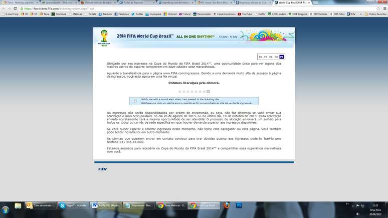 <p>Site da Fifa enfrenta problemas no primeiro dia de venda de ingressos</p>