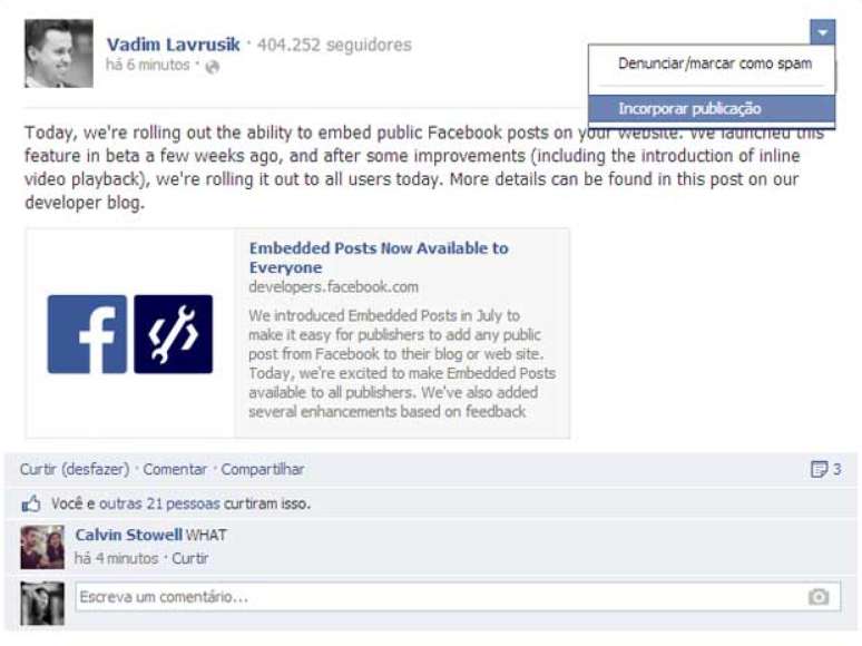 Qualquer usuário pode incorporar postagens do Facebook