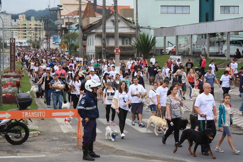 Famílias levaram seus cães para participar da Cãominhada neste domingo em Blumenau