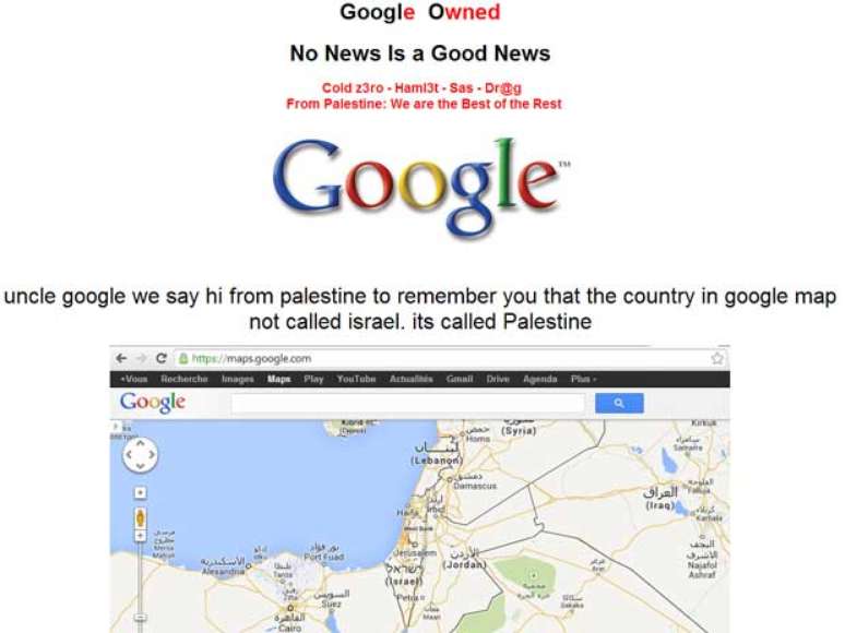 Página inicial do Google Palestina foi desfigurada