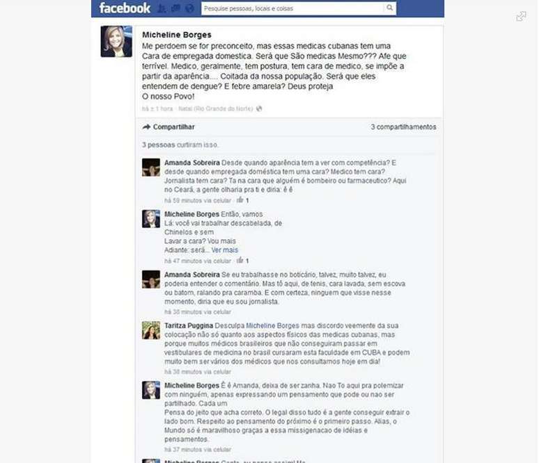 No Facebook, jornalista disse que m&eacute;dicas cubanas pareciam empregadas dom&eacute;sticas