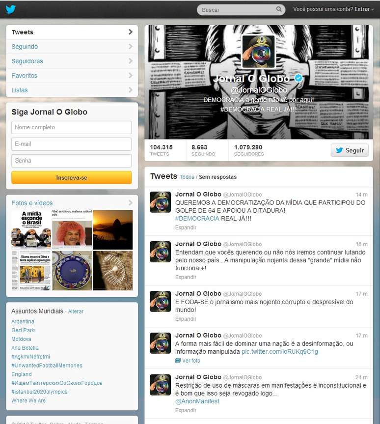 Perfil do jornal O Globo no Twitter foi invadido por hackers nesta sexta-feira