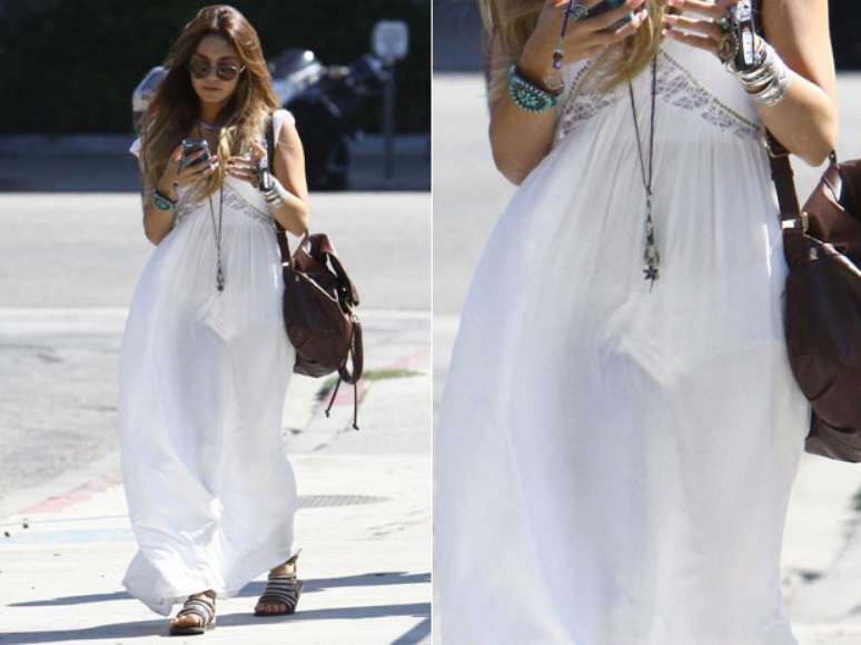 <p>O vestido branco longo é feito de um tecido bem fino. Contra a luz, a transparência deixa à mostra tanto a calcinha de Vanessa Hudgens quanto a silhueta de seu corpo. Ela usou a peça para ir à igreja no domingo</p>