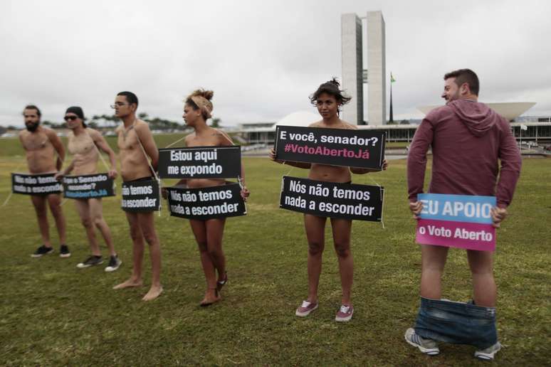 <p>O grupo usou cartazes para mandar recados aos senadores</p>