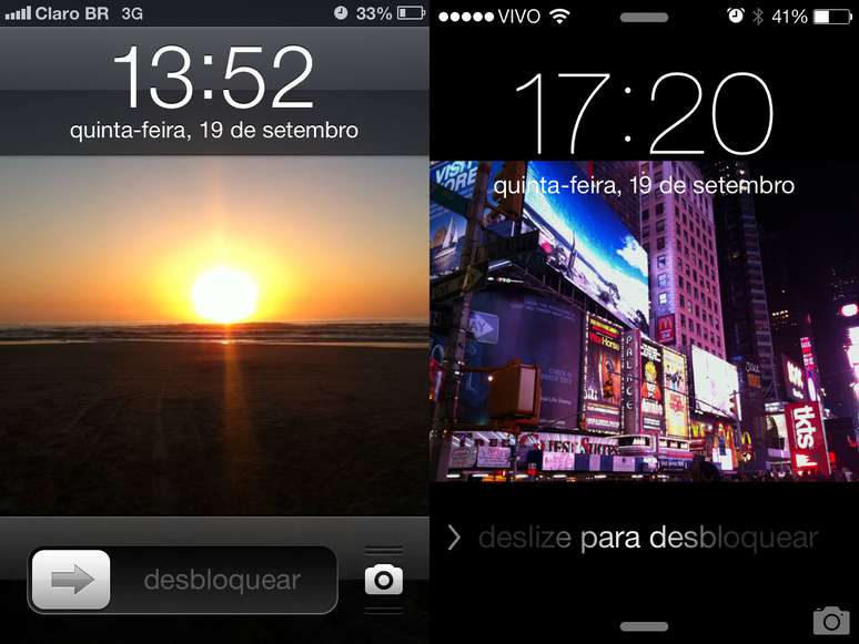 <p><b>1. Tela de bloqueio</b> - a faixa 'desbloquear' ('slide to unlock') deu lugar a uma seta com apenas a palavra 'desbloquear'. A funcionalidade segue parecida, mas em vez de tocar necessariamente na faixa, o usuário pode deslizar qualquer área da tela para desbloquear o aparelho. A câmera, com ícone maior e mais bonito, continua no mesmo lugar e usada da mesma forma</p>