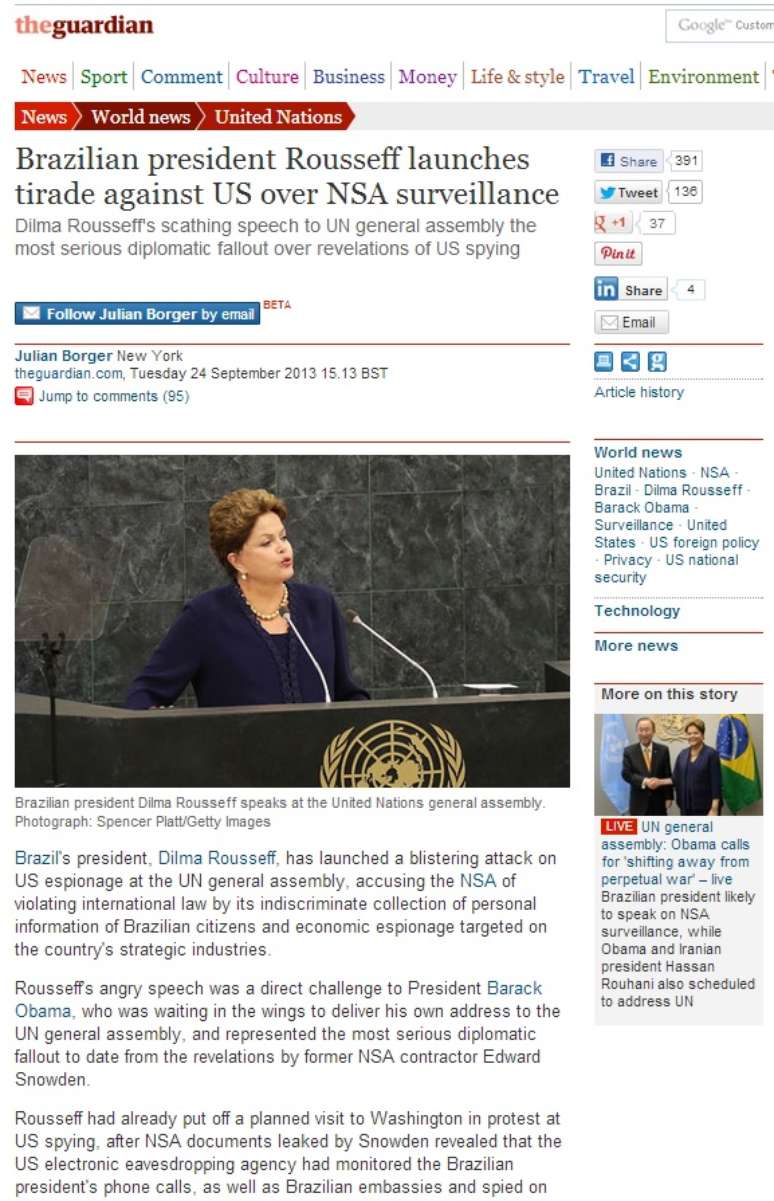<p>Jornal The Guardian diz que Dilma discursou contra os EUA</p>