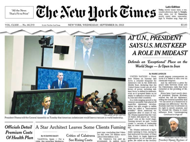 Capa do jornal New York Times desta quarta-feira fala sobre a abertura da Assembleia Geral da ONU
