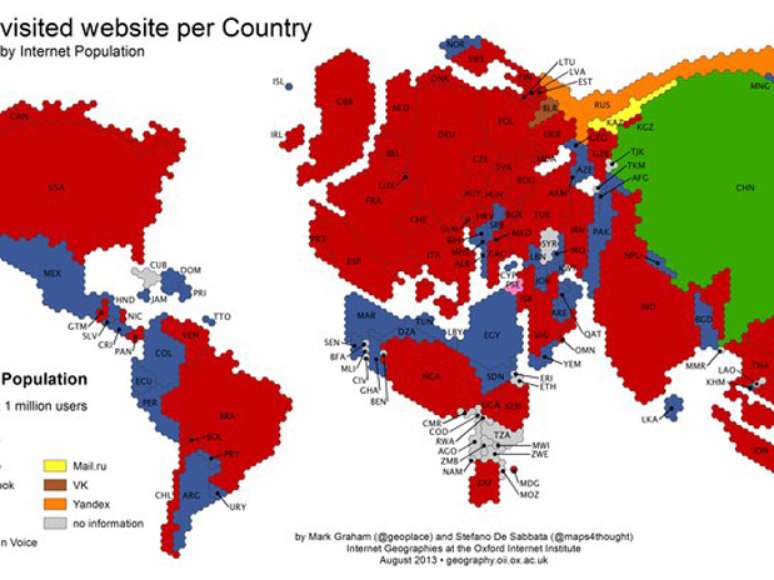 <p>Google, em vermelho, está presente em mais de 60 países</p>