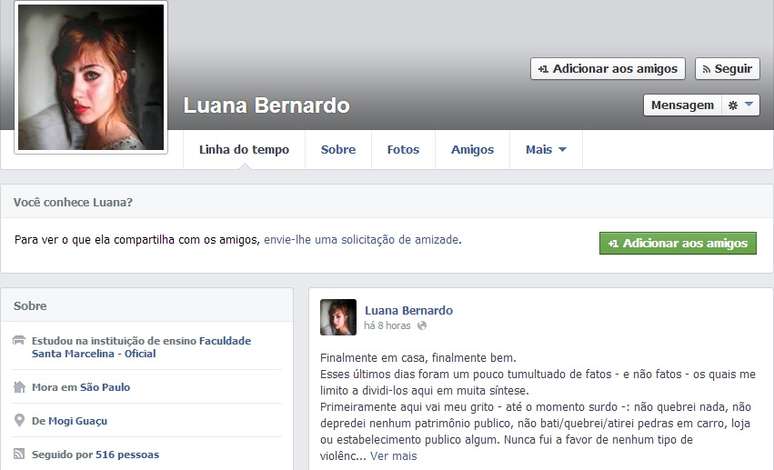 Garota negou ter cometido atos de vandalismo na noite em que foi detida