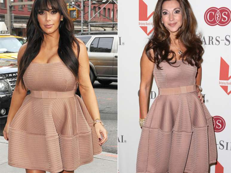 <p>Durante a gravidez, Kim Kardashian usou vestido estruturado que deixou seu corpo maior do que realmente estava. Lea Porter, que tem o corpo menos voluptuoso,&nbsp;tamb&eacute;m usou o mesmo vestido</p>