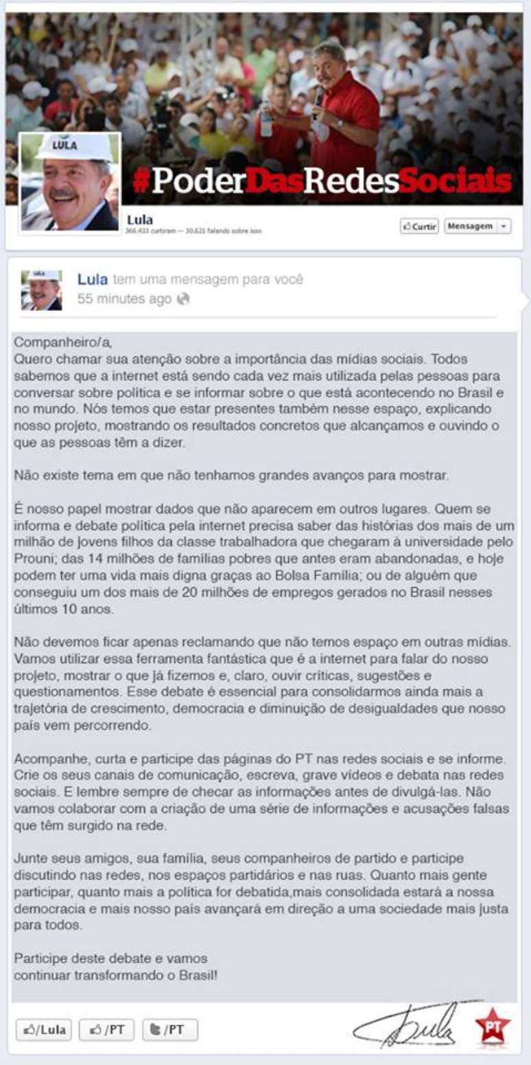 Mensagem de Lula no Facebook chama a atenção para a importância das mídias sociais na política