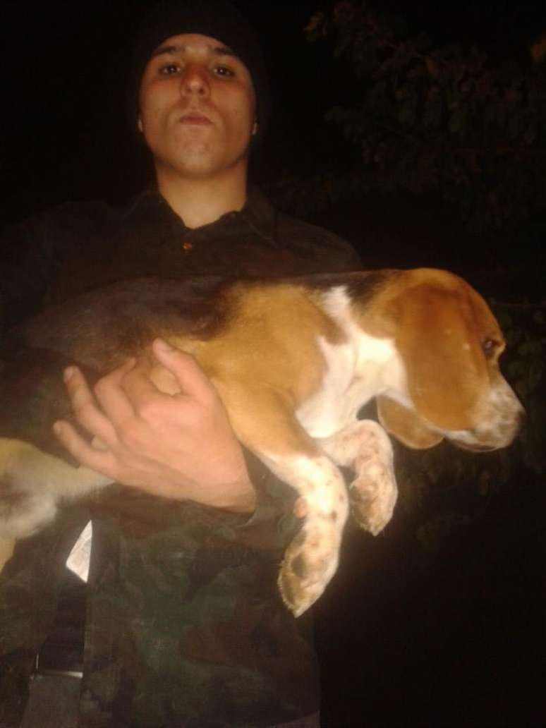 <p>Ativista carrega beagle nos braços após invasão de instituto de pesquisas</p>