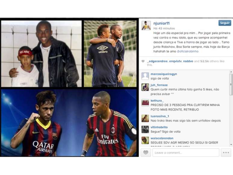 <p>Neymar se mostrou emocionado com reencontro com ídolo Robinho</p>