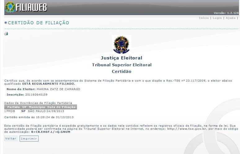 Certidão do TSE confirma filiação ao PMDB a tempo de lançar candidatura para as eleições de 2014