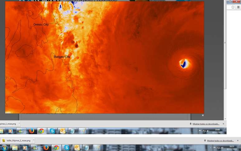 <p>Imagem capturada pelo satélite Suomi NPP mostra em detalhes o olho do super tufão Haiyan, que atinge as Filipinas</p>