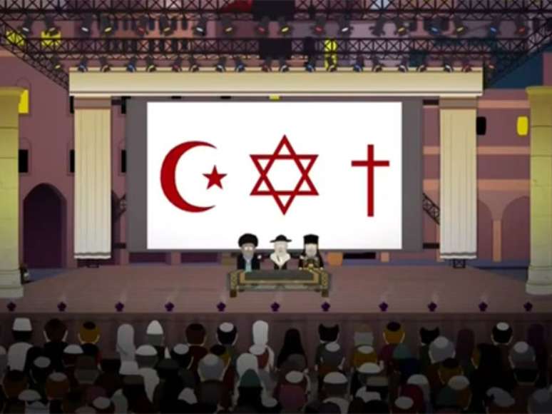 <p>Caricaturas de representantes do islamismo, judaísmo e cristianismo com os símbolos de suas religiões</p>