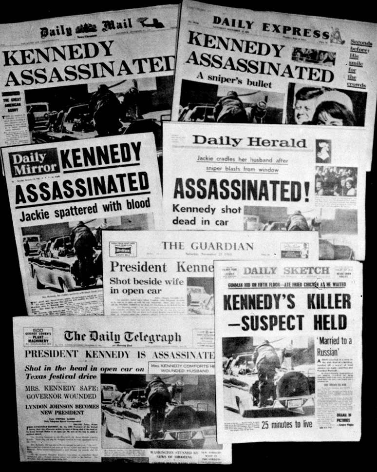 Capas de jornais britânicos da época destacam o assassinato de Kennedy