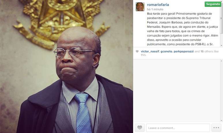 <p>O deputado federal Romário, usuário assíduo das redes sociais, utilizou o Twitter e o Instagram para enaltecer o ministro Joaquim Barbosa</p>